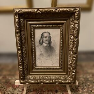 Vintage ornate wooden picture frame w/ antique etching art illustration  1800s